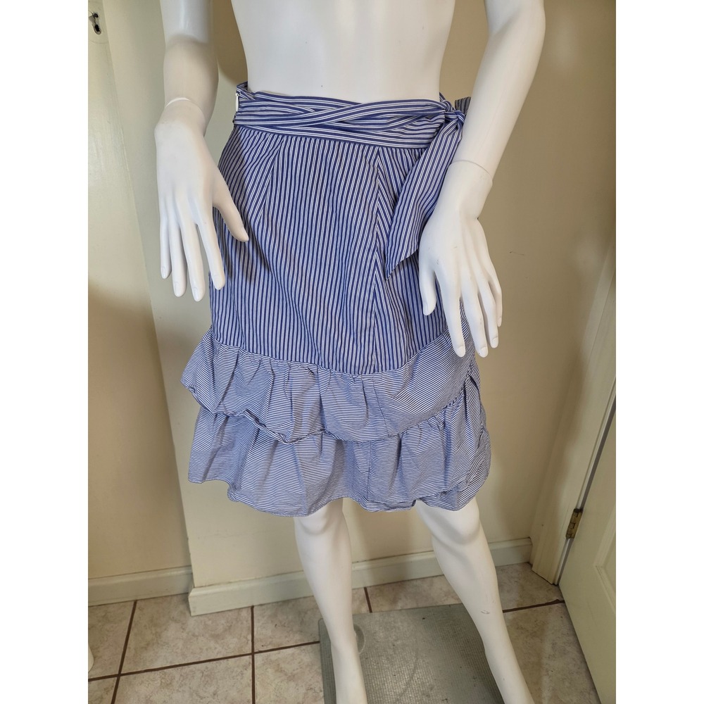 Parker Blue White Striped Cotton Ruffle Mini Skirt Side Tie Wrap Small